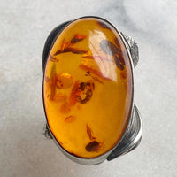 Sterling Silver & Amber Ring with Leaf Motif